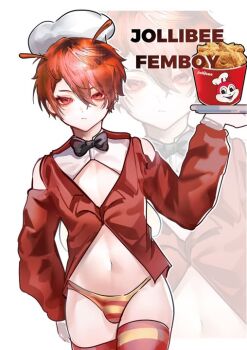 1boy bare_shoulders belly black_necktie bulge chicken_(food) duggy_guddy femboy_hooters_(meme) food fried_chicken frown hair_between_eyes hand_up holding holding_food holding_plate jacket jollibee jollibee_(mascot) long_sleeves looking_at_viewer male_focus navel necktie panties plate red_eyes red_hair red_jacket red_panties red_thighhighs reverse_bunnysuit reverse_outfit shirt short_hair striped_clothes striped_panties striped_thighhighs thighhighs thighs trap underwear white_background white_shirt yellow_panties yellow_thighhighs