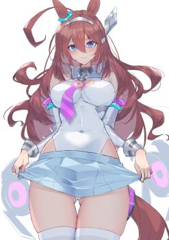 1girl absurdres ahoge animal_ears blue_eyes breasts brown_hair closed_mouth commentary_request covered_navel cowboy_shot detached_sleeves gluteal_fold grey_hairband grey_leotard grey_skirt grey_sleeves hair_between_eyes hairband highres horse_ears horse_girl horse_tail huge_ahoge impossible_clothes impossible_leotard large_breasts leotard long_hair looking_at_viewer metal_hairband mihono_bourbon_(mb-19890425)_(umamusume) mihono_bourbon_(umamusume) miniskirt necktie pink_necktie pleated_skirt rigging simple_background skirt skirt_hold smile solo tail taut_clothes thighhighs umamusume very_long_hair white_background white_thighhighs yuuri_(sinjitu-no-yukue)