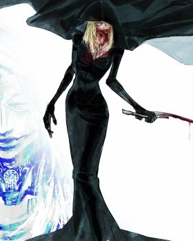 1girl absurdres bela_dimitrescu black_cloak black_gloves blonde_hair blood blood_from_mouth blood_on_face blood_on_mouth bloody_weapon bloodykn8ght cloak dried_blood floating_cape full_body gloves grey_eyes highres holding holding_sickle holding_weapon hood hood_over_one_eye jewelry looking_at_viewer makeup necklace one_eye_covered resident_evil resident_evil_village runny_makeup sickle smeared_blood weapon white_background