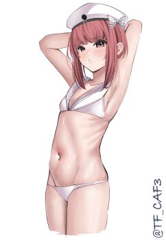 1girl absurdres armpits arms_behind_head arms_up bikini brown_eyes brown_hair clothes_writing cropped_legs flat_chest hat highres kantai_collection lowleg lowleg_bikini navel official_alternate_costume sailor_bikini sailor_collar sailor_hat short_hair solo swimsuit tf_cafe white_bikini white_hat z3_max_schultz_(kancolle) z3_max_schultz_(swimsuit)_(kancolle)