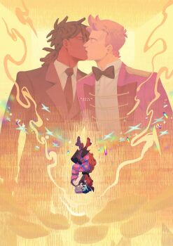 2boys 2girls adventure_time adventure_time:_fionna_and_cake adventure_time:_fionna_and_cake alternate_universe artist_name beaniewinnie96 black_hair black_jacket bonnibel_bubblegum_(vampire_world) boots bow bowtie closed_eyes collared_shirt couple dark-skinned_male dark_skin dress falling fighting gary_prince_(adventure_time) highres jacket kiss marceline_abadeer marshall_lee marshall_lee_(human) multiple_boys multiple_girls pale_skin pants pink_hair pink_jacket pink_pants prince_gumball princess_bonnibel_bubblegum purple_pants red_dress shirt short_hair the_star_(adventure_time) two-tone_pants vampire white_shirt yaoi yuri