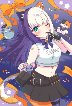 1girl ;o absurdres ammunition_belt animal_ear_fluff animal_ears applique2828 asymmetrical_legwear bare_shoulders bell belt_pouch black_gloves black_skirt blue_eyes blush bow bowtie calico_(pattern) cat_ears cat_girl cat_tail character_doll commentary_request cowboy_shot crop_top doll eyeshadow fish_skeleton_print fortnite gloves hand_up highres leggings long_hair looking_at_viewer makeup meg_(fortnite) meowscles midriff mismatched_legwear mole mole_under_eye multicolored_hair nail_polish navel neck_bell one_eye_closed orange_leggings orange_ribbon pleated_skirt pouch purple_bow purple_bowtie purple_eyeshadow purple_hair purple_leggings purple_nails ribbon shirt shoulder_tattoo single_glove skirt solo sparkle star_(symbol) star_symbol_background strapless tail tattoo two-tone_hair white_hair white_shirt