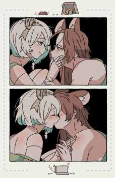 2girls animal_ear_fluff animal_ears black_background black_streaks blue_eyes blue_streaks blush brown_hair cecilia_immergreen closed_eyes commentary doll_joints fongban_illust green_tank_top hakos_baelz hand_on_another's_face highres hololive hololive_english joints kiss mouse_ears multiple_girls simple_background sweat symbol-only_commentary tank_top white_hair white_streaks winding_key yuri