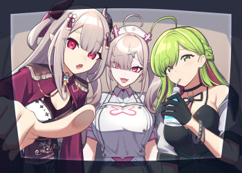 :d absurdres ahoge bare_shoulders black_camisole black_ribbon bracelet braid breasts camisole capelet cleavage cleavage_cutout clothing_cutout commentary corset cross_hat_ornament dress drink drinking_straw drinking_straw_in_mouth epaulettes eyes_visible_through_hair fang frilled_corset frills green_eyes green_hair grey_hair hair_ornament hair_over_one_eye hat highres holding holding_drink horns jacket jewelry large_breasts long_hair long_sleeves looking_at_viewer mole mole_under_eye morinaka_kazaki morinaka_kazaki_(adult) multicolored_hair multiple_bracelets multiple_braids multiple_girls naraka_(1st_costume)_(nijisanji) naraka_(nijisanji) nijisanji norinki_(ringknightsaki) nurse nurse_cap oni open_clothes open_jacket open_mouth pink_hair pointing pointy_ears purple_eyes red_capelet red_eyes ribbon screen shrug_(clothing) simple_background skin_fang smile studded_bracelet sukoya_kana sukoya_kana_(1st_costume) symbol-only_commentary twintails two-tone_hair very_long_hair virtual_youtuber white_hair white_hat x_(symbol) x_hair_ornament