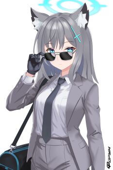1girl absurdres adjusting_eyewear alternate_costume animal_ear_fluff animal_ears arm_at_side bag black_gloves black_necktie blue_archive blue_eyes blue_halo bright_pupils closed_mouth collared_shirt commentary_request cowboy_shot cross_hair_ornament dress_shirt expressionless eyelashes f0rum7v formal_clothes gloves grey_hair grey_jacket grey_pants hair_between_eyes hair_ornament halo hand_up heat_(movie) highres jacket long_sleeves looking_at_viewer medium_hair mismatched_pupils necktie open_clothes open_jacket pants parody shiroko_(blue_archive) shirt shoulder_bag simple_background solo split_mouth sunglasses tsurime white_background white_pupils white_shirt wolf_ears wolf_girl