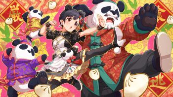 1girl animal_ears black_dress black_hair black_pantyhose black_shoes brown_eyes chinese_clothes commentary_request dress food furry furry_male game_cg high_heels idolmaster idolmaster_million_live! idolmaster_million_live!_theater_days kicking martial_arts nakatani_iku official_alternate_costume official_art panda_boy panda_ears pantyhose shoes short_hair short_sleeves steamed_bun third-party_source