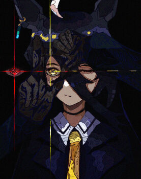 1girl ahoge animal_ears bdw black_background black_choker black_gloves black_shirt choker collared_shirt contrast_collar disembodied_eye eye_trail gloves hands_up highres horse_ears kitsune_no_mado light_trail long_sleeves manhattan_cafe_(umamusume) multicolored_hair necktie red_eyes shirt simple_background solo umamusume white_hair yellow_eyes yellow_necktie