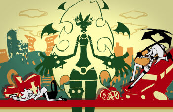 4girls bakemonogatari car cityscape cloud coin demon_girl demon_wings dress dual_wielding glasses gun high_ponytail holding holding_gun holding_scythe holding_weapon horns kimi_no_shiranai_monogatari kneesocks_(psg) long_hair monogatari_(series) motor_vehicle multiple_girls panty_&amp;_stocking_with_garterbelt panty_(psg) pantyhose parody ponytail scanty_(psg) scythe short_dress single_horn stocking_(psg) striped_leggings sukaponta weapon wings