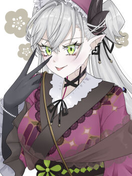 Rule 34 | 1girl, breasts, demon horns, fate/grand order, fate (series), green eyes, highres, horns, japanese clothes, large breasts, lilith (fate), lilith (kyomaf 2025) (fate), looking at viewer, rukamr fgo, solo, tongue, tongue out, twintails, upper body, v, white hair