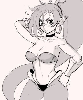 1girl anger_vein annoyed arm_behind_head armpits breasts cleavage hand_on_own_hip highres large_breasts legs lipstick long_hair looking_at_viewer makeup midriff monochrome navel o-ring o-ring_top pants pointy_ears ponytail shantae shantae_(series) solo thighs toned very_long_hair