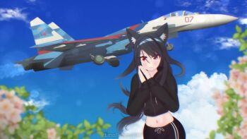 1girl afterburner aircraft airplane animal_ears black_hair black_hoodie blue_sky cat_ears cat_girl cherry_blossoms cloud flower hood hoodie kotash long_hair looking_at_viewer navel original own_hands_together pink_flower pink_petals red_eyes russia russian_air_force sky smile solo stomach su-27