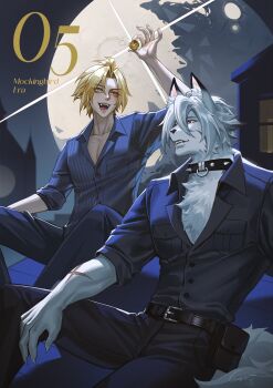 2boys :d aged_down animal_ear_fluff animal_ears antenna_hair belt belt_pouch black_belt black_collar black_hair black_pants blonde_hair body_fur breast_pocket buttons claws coin collar collarbone collared_shirt commentary crovius english_commentary facial_scar fangs full_moon furry furry_male glint grey_eyes grey_shirt hair_between_eyes hand_up heterochromia highres holding holding_coin house hugo_vlad looking_at_another male_focus mole mole_under_eye moon multicolored_hair multiple_boys night on_roof open_collar open_mouth outdoors pants parted_bangs pectoral_cleavage pectorals pocket pointy_ears pouch red_eyes scar scar_on_arm scar_on_cheek scar_on_face shirt shirt_tucked_in short_hair short_sleeves sitting_on_roof sleeves_rolled_up smile spiked_collar spikes star_(symbol) streaked_hair tail teeth von_lycaon white_fur white_hair wolf_boy wolf_ears wolf_tail zenless_zone_zero
