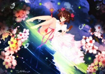 arseyou bad_deviantart_id bad_id barefoot blush bow brown_hair bubble card cardcaptor_sakura chestnut_mouth choker deviantart_username dress dutch_angle flower frilled_thigh_strap green_eyes hair_bow highres holding holding_card kinomoto_sakura kinomoto_sakura_(astral_sakura) looking_at_viewer open_mouth panties pink_bow puffy_short_sleeves puffy_sleeves short_sleeves sitting star_(symbol) star_choker thigh_strap thighs twintails underwear upskirt wand water white_dress white_panties