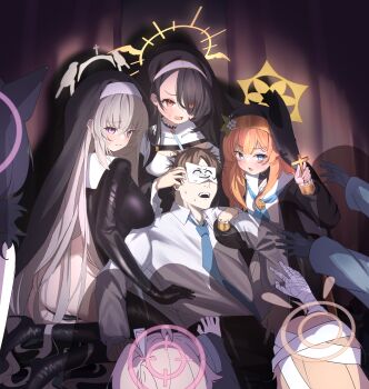 1boy 6+girls absurdres after-school_sweets_club_(blue_archive) airi_(blue_archive) airi_(halloween)_(blue_archive) animal_ears bandaged_arm bandages black_dress black_gloves black_hair black_jacket black_leotard black_pants black_veil blonde_hair blue_archive blue_neckerchief blue_necktie blush boots breasts cat_ears cat_girl closed_mouth collar cross crossed_bangs dress eyes_visible_through_hair gloves green_jacket grey_hair hair_between_eyes hair_over_one_eye halo high_heel_boots high_heels highres hinata_(blue_archive) holding holding_cross jacket kazusa_(blue_archive) kazusa_(halloween)_(blue_archive) large_breasts leotard long_hair mari_(blue_archive) multiple_girls natsu_(blue_archive) natsu_(halloween)_(blue_archive) neckerchief necktie open_mouth outstretched_arms pants pink_hair pink_halo purple_eyes reaching reaching_towards_another red_eyes sailor_collar sakurako_(blue_archive) sakurako_(justina_uniform)_(blue_archive) shirt side_ponytail sidelocks sisterhood_(blue_archive) sweat thigh_boots toriaki veil very_long_hair white_collar white_halo white_sailor_collar white_shirt yellow_halo yoshimi_(blue_archive) yoshimi_(halloween)_(blue_archive)