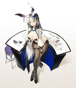 absurdres animal_ears bai_yao_(user_ygua7252) black_gloves black_pantyhose blue_bow blue_bowtie bow bowtie breasts chair closed_mouth covered_erect_nipples gloves grey_hair highres large_breasts looking_at_viewer mahjong_soul medium_hair no_bra original pantyhose playboy_bunny rabbit_ears rabbit_tail simple_background table tail white_background
