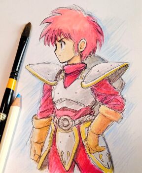 1boy adol_christin armor art_tools_in_frame belt black_eyes brown_gloves chest_guard closed_mouth colored_pencil colored_pencil_(medium) cowboy_shot faulds gloves heika_(heikahp) male_focus paintbrush pants pencil profile red_hair red_pants red_shirt shirt short_hair shoulder_armor smile solo standing traditional_media turtleneck turtleneck_shirt ys