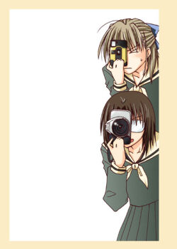00s 2girls bow brown_hair camera collarbone glasses hair_bow maria-sama_ga_miteru multiple_girls naitou_shouko opaque_glasses peeking_out school_uniform serafuku short_hair shouko simple_background sweatdrop takeshima_tsutako