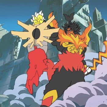 Rule 34 | 2boys, abs, air balloon (pokemon), artist request, biceps, broly (dragon ball z), bug, building, defeat, dragon ball, dragonball z, emboar, fighting, gameplay mechanics, gen 3 pokemon, gen 5 pokemon, holding lance, holding polearm, holding weapon, humiliation, lance, looking at another, mega emboar, multiple boys, nintendo, outdoors, parody, pokemon, pokemon (creature), pokemon champions, polearm, restrained, scene reference, serious, shedinja, spiked hair, terastallization, tusks, weapon