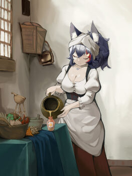 1girl alternate_costume animal_ear_fluff animal_ears apron black_hair bodice breasts brown_skirt cleavage closed_eyes commentary_request derivative_work dirndl double-parted_bangs feet_out_of_frame fine_art_parody folded_hair german_clothes hair_ornament hairclip headscarf highres holding holding_jar hololive indoors jar large_breasts long_skirt medieval multicolored_hair necklace ookami_mio parody photo-referenced potion pouring red_streaks shirt silver_necklace skirt solo streaked_hair the_milkmaid underbust virtual_youtuber white_apron white_headscarf white_shirt wolf_ears xiaodong327399