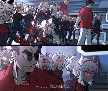 6+girls alternate_costume avengers:_endgame avengers_(series) beelzebub_(helltaker) boots cerberus_(helltaker) chain ddolbang demon_girl demon_horns demon_tail fighting_stance gloves grin helltaker helltaker_(character) highres horns judgement_(helltaker) justice_(helltaker) knee_boots lucifer_(helltaker) maid malina_(helltaker) marvel marvel modeus_(helltaker) multiple_girls pandemonica_(helltaker) parody portal_(object) red_eyes red_shirt shirt smile tail white_hair zdrada_(helltaker)