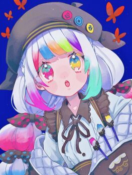 1girl :o beret black_jacket black_ribbon blue_background blunt_bangs bow bug butterfly center_frills collared_shirt commentary_request frills hat heterochromia highres insect jacket jogasaki_noah long_hair looking_at_viewer magical_girl mahou_shoujo_no_majo_saiban multi-tied_hair multicolored_hair neck_ribbon nigako_(ooouch) open_mouth paintbrush pink_eyes polka_dot polka_dot_bow red_butterfly ribbon shirt simple_background solo streaked_hair upper_body white_hair white_shirt yellow_eyes