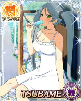 Rule 34 | 1girl, border, breasts, bus stop shelter, card (medium), character name, cleavage, dress, food, food in mouth, game cg, green eyes, grey hair, hat, hat on back, holding, holding food, holding popsicle, hot, large breasts, long hair, looking at viewer, looking to the side, melting popsicle, official art, outdoors, popsicle, popsicle in mouth, popsicle stick, senran kagura, senran kagura new wave, shade, sitting, sleeveless, sleeveless dress, solo, straw hat, sundress, sunlight, swept bangs, third-party source, tsubame (senran kagura), twintails, very long hair, white dress