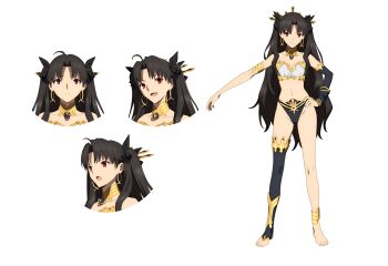 1girl armlet asymmetrical_legwear asymmetrical_sleeves bare_shoulders black_hair breasts bridal_gauntlets crown earrings elbow_gloves fate/grand_order fate_(series) feet female_focus full_body gloves groin hair_ribbon highleg highleg_panties hoop_earrings ishtar_(fate) jewelry long_hair looking_at_viewer multiple_views navel neck_ring official_art panties parted_bangs red_eyes reference_sheet revealing_clothes ribbon single_elbow_glove single_thighhigh smile solo standing thighhighs thong toeless_legwear two_side_up underwear uneven_legwear uneven_sleeves very_long_hair wide_hips