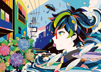 1boy abstract antenna_hair blue_sky building cloud commentary_request fish flower from_side glasses highres leaf lollipop_in_mouth messy_hair mizuki_tsukimori motion_lines multicolored_hair multicolored_shirt necktie original power_lines rain red-framed_eyewear short_hair sky streaked_hair umbrella upper_body water waves window wings yellow_eyes yellow_necktie