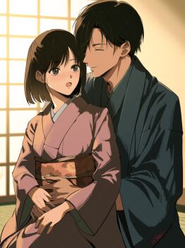 1boy 1girl artist_name black_hair blue_kimono closed_eyes closed_mouth couple fox_mask_(silent_hill) grey_eyes hair_between_eyes hetero hikari_0o0o0 hug hug_from_behind indoors japanese_clothes kimono light_blush open_mouth parted_bangs pink_kimono shimizu_hinako short_hair silent_hill_(series) silent_hill_f smile sunlight