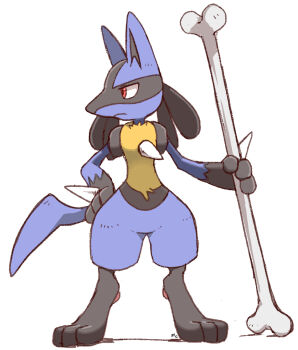 bone commentary_request full_body gen_4_pokemon holding holding_bone lucario nintendo no_humans pokemon pokemon_(creature) red_eyes sim_sb_(pixiv121308470) standing tail white_background