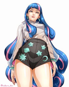 1girl absurdres ada_(naruto) black_eyes black_shorts blue_hair boruto:_naruto_next_generations bracelet breasts commentary_request cowboy_shot earrings from_below high-waist_shorts highres hoop_earrings jewelry lips long_hair multicolored_hair multiple_bracelets naruto_(series) parted_lips pink_hair pink_lips saburo_des see-through_clothes see-through_sleeves short_shorts shorts small_breasts solo streaked_hair two-tone_hair very_long_hair