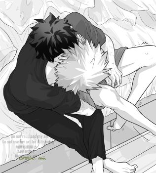 2boys ^^^ arm_up bakugou_katsuki barefoot bed bed_sheet boku_no_hero_academia commentary_request crew_neck crossed_ankles highres kiss male_focus midoriya_izuku multiple_boys multiple_scars oroshi_mi pants parted_hair scar scar_on_arm shirt short_hair short_sleeves sitting spiked_hair toe_scrunch watermark yaoi