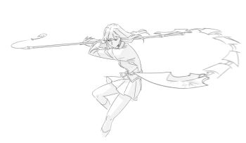1girl floating_hair fujino_shizuru fuuka_academy_school_uniform greyscale guri_gom highres holding holding_polearm holding_weapon jacket long_hair looking_at_viewer monochrome motion_blur my-hime naginata no_mouth pleated_skirt polearm school_uniform skirt socks solo weapon