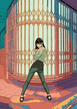 Rule 34 | 1girl, black hair, black pants, black sandals, from behind, highres, long sleeves, looking at viewer, looking back, medium hair, original, pants, sandals, shadow, shirt, solo, standing, tanaka hirotaka, white shirt, wide shot