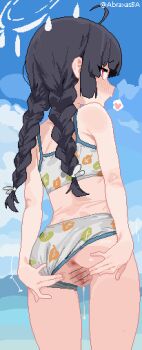 1girl abraxas ahoge anus ass bar_censor bikini bikini_bottom_aside black_hair blue_archive blush braid censored clothing_aside day from_behind grey_halo halo heart leaf_print loli long_hair looking_at_viewer looking_back miyu_(blue_archive) miyu_(swimsuit)_(blue_archive) official_alternate_costume open_mouth outdoors pixel_art print_bikini pussy pussy_juice red_eyes sky solo spoken_heart spread_pussy swimsuit twin_braids twitter_username white_bikini