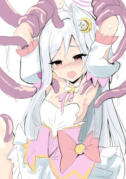 1girl absurdres armpits arms_up bare_shoulders blue_archive blush bow breasts crescent crescent_hair_ornament detached_collar detached_sleeves dress hair_ornament halo head_wings highres layered_skirt long_hair looking_at_viewer magical_girl open_mouth pink_dress red_eyes restrained sen_(astronomy) skirt small_breasts solo spread_legs suzumi_(blue_archive) suzumi_(magical)_(blue_archive) tentacles white_hair white_skirt wings