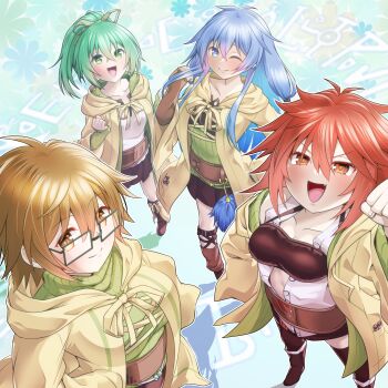 4girls arm_up aussa_(yu-gi-oh!) aussa_the_earth_charmer black_skirt blue_eyes blue_hair blush breasts brown_coat brown_eyes brown_hair cleavage closed_mouth coat collarbone commentary_request duel_monster eria_(yu-gi-oh!) eria_the_water_charmer glasses green_sweater group_picture high_ponytail highres hiita_(yu-gi-oh!) hiita_the_fire_charmer large_breasts long_hair medium_breasts multiple_girls one_eye_closed open_mouth p-b-c_(dark_matter_kakine) ponytail red_eyes red_hair shirt short_hair skirt small_breasts smile sweater white_shirt wynn_(yu-gi-oh!) wynn_the_wind_charmer yu-gi-oh!