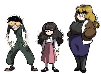 Rule 34 | 1boy, 2girls, black eyes, black footwear, black hair, black pantyhose, black ribbon, black sweater, blonde hair, bloodshot eyes, blue eyes, blue skirt, bomber jacket, breasts, brown footwear, brown hair, brown jacket, caricature, closed mouth, colored teeth, commentary, face piercing, fear &amp; hunger, fear &amp; hunger (series), fear &amp; hunger 2: termina, frown, full body, green jumpsuit, hands in pockets, height difference, highres, jacket, jumpsuit, karin (fear &amp; hunger), karladraws14, large breasts, levi (fear &amp; hunger), lineup, long hair, long skirt, long sleeves, looking at viewer, marina (fear &amp; hunger), mouth piercing, multiple girls, neck ribbon, open clothes, open jacket, pantyhose, piercing, pink skirt, plump, ponytail, ribbon, shirt, shirt tucked in, shoes, short hair, short sleeves, simple background, skinny, skirt, socks, standing, sweater, trembling, white background, white shirt, white socks, yellow eyes, yellow teeth