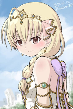 Rule 34 | 1girl, ahoge, ando tazusa, armlet, arms at sides, assault lily, bare shoulders, blonde hair, blue sky, blurry, blurry background, blush, bow, braid, brown eyes, closed mouth, cloud, commentary request, dated, day, detached sleeves, earrings, from side, hair between eyes, hair over shoulder, hair ribbon, jewelry, knives (knives777), long hair, looking at viewer, looking to the side, official alternate costume, official alternate hairstyle, outdoors, pink ribbon, purple bow, ribbon, shirt, side braid, single braid, sky, sleeveless, sleeveless shirt, solo, tiara, twitter username, upper body