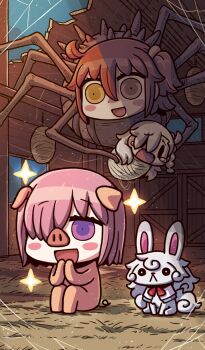 Rule 34 | 3girls, ahoge, animal costume, animal ears, arthropod girl, barn, blush stickers, braid, bug, charlotte's web, chibi, chibi only, chinese zodiac, cocoon, commentary, creature, crying, crying with eyes open, fate/grand order, fate (series), fou (fate), fujimaru ritsuka (female), hair between eyes, hair over one eye, hay, holding, indoors, insect girl, light particles, light rays, long hair, mash kyrielight, medium hair, multiple girls, official art, olga marie animusphere, one side up, open mouth, orange eyes, orange hair, orange scrunchie, parody, pig costume, pig ears, pig nose, pink hair, riyo (lyomsnpmp), scrunchie, short hair, silk, sitting, smile, sparkle, spider, spider girl, spider web, tears, third-party source, white hair, year of the pig