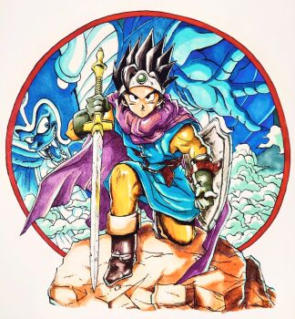 Rule 34 | 2boys, black eyes, black gloves, blue tunic, boots, brown hair, cape, circlet, commentary request, dragon quest, dragon quest iii, fangs, gloves, hero (dq3), holding, holding shield, holding sword, holding weapon, looking at viewer, male focus, multiple boys, on one knee, open mouth, purple cape, roto (dq3), shield, short hair, silver circlet, spiked hair, sword, tcgf 04, tunic, weapon, zoma