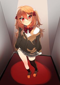 Rule 34 | 1girl, absurdres, ahoge, asymmetrical legwear, black cardigan, black skirt, black socks, black thighhighs, blush, bow, bowtie, broken heart, broken heart hair ornament, brown hair, brown shoes, cardigan, closed mouth, clothes lift, commentary, dress shirt, english commentary, evil neuro-sama, fashaeli, from above, from side, full body, hair between eyes, heart, highres, loafers, long hair, long sleeves, looking at viewer, miniskirt, neuro-sama, pleated skirt, red bow, red bowtie, red eyes, shirt, shoes, single sock, single thighhigh, skirt, skirt hold, smile, socks, solo, spotlight, thighhighs, two side up, uneven legwear, v-neck, vedal ai, virtual youtuber, white shirt