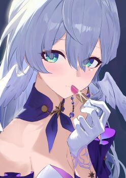 Rule 34 | 1girl, absurdres, applying makeup, aqua eyes, bare shoulders, blue hair, breasts, cleavage, closed mouth, commentary request, cosmetics, evening rabbit, face jewel, gloves, hair between eyes, head wings, highres, holding, holding lipstick tube, honkai: star rail, honkai (series), jewel under eye, lipstick tube, looking at viewer, robin (honkai: star rail), solo, upper body, white gloves, wings