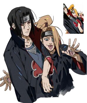 Rule 34 | 2boys, akatsuki uniform, black coat, black hair, blonde hair, blue eyes, chasenmage, coat, deidara (naruto), dong2taku, forehead protector, highres, iwagakure symbol, jewelry, konohagakure symbol, long hair, male focus, motoyui, multiple boys, naruto (series), naruto shippuuden, necklace, rasengan, red eyes, ring, simple background, tongue, tongue out, uchiha itachi, white background