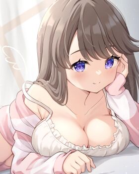 1girl absurdres alternate_costume bare_shoulders breasts brown_hair camisole closed_curtains collarbone commentary_request cowboy_shot curtains drawn_wings frilled_camisole frills fujishima_megumi hair_down hanazora_satsuki highres indoors jacket large_breasts link!_like!_love_live! long_hair long_sleeves looking_at_viewer love_live! lying off_shoulder on_stomach pink_jacket pink_thighhighs purple_eyes sleeves_past_wrists solo thighhighs virtual_youtuber white_camisole window