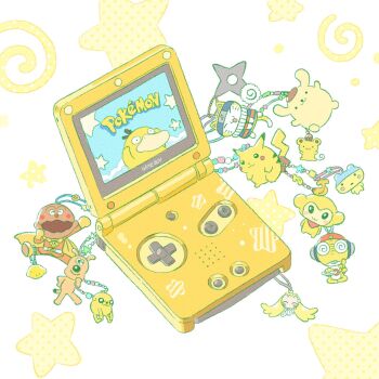 adventure_time character_charm character_request charm_(object) commentary copyright_name copyright_request english_text fat_pikachu food food_charm fruit game_boy game_boy_advance_sp gen_1_pokemon handheld_game_console heisei_retro highres jake_the_dog kamaboko keroro_gunsou kururu_(keroro_gunsou) lemon mametchi narutomaki nintendo pikachu pokemon pokemon_(creature) pompompurin psyduck sanrio scone_(sanrio) shuriken star_(symbol) summernight_12 symbol-only_commentary tamagotchi weapon white_background yellow_theme
