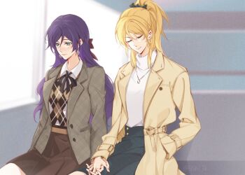 Rule 34 | 2girls, ayase eli, blonde hair, blue eyes, blush, bow, coat, commentary, earrings, green eyes, hair bow, hair ornament, hair scrunchie, highres, holding hands, jewelry, k.jhitsugi, long hair, love live!, love live! school idol project, multiple girls, necklace, ponytail, purple hair, scrunchie, skirt, smile, tojo nozomi, yuri