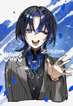 1girl ;d artist_name black_hair black_sweater blue_eyes blue_hair blue_shirt gradient_hair grey_jacket highres hiodoshi_ao hiodoshi_ao_(1st_costume) hololive hololive_dev_is jacket jewelry mole mole_under_mouth multicolored_hair necklace one_eye_closed open_mouth shirt smile solo striped_clothes striped_jacket suit_jacket sweater uguisu_ann virtual_youtuber wolf_cut