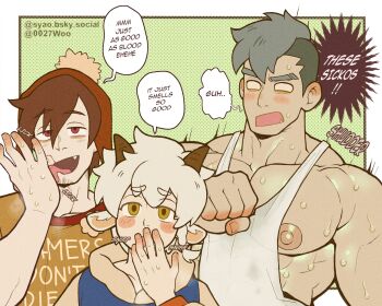 3boys all_saints_street animal_ears bara beanie brown_hair commentary damao_(all_saints_street) earflap_beanie english_commentary english_text eyebrow_cut facial_hair fang fang_out goat_ears goat_horns goatee_stubble grey_hair hat highres horns ira_blood large_pectorals licking licking_hand male_focus multiple_boys muscular muscular_male neil_bowman nipples open_mouth outside_border pectorals red_eyes short_hair smelling sound_effects speech_bubble stringer stubble sweat syaoran_(0027) tongue tongue_out yaoi yellow_eyes