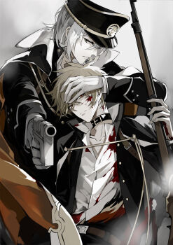 Rule 34 | 2boys, aiming, aiming at viewer, belt, belt collar, black cape, black collar, black hat, black jacket, blonde hair, blood, blood on clothes, blood on face, bolt action, brown belt, cape, chinese commentary, closed mouth, collar, collarbone, covering another's eyes, crossed bangs, dezhou chicken (the tale of food), flame print, fuli chicken (the tale of food), gloves, grey eyes, grey hair, gun, hair between eyes, handgun, hat, holding, holding gun, holding weapon, jacket, leaning on person, long sleeves, looking at viewer, male focus, mauser c96, multiple boys, muted color, open clothes, open jacket, orange cape, orange eyes, peaked cap, pol, popped collar, profile, rifle, serious, shirt, short hair, sideways glance, the tale of food, two-sided cape, two-sided fabric, upper body, weapon, white background, white gloves, white shirt